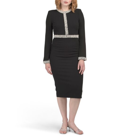 BADGLEY MISCHKA Black Crepe Texture Faux Pearl Trim Dress